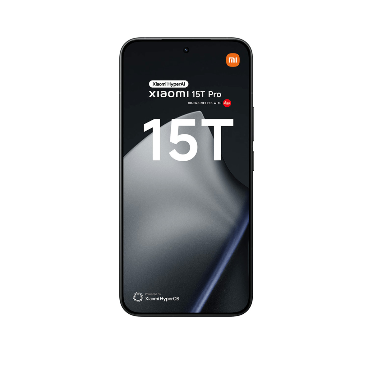 Ein schwarzes Smartphone zeigt den Text Xiaomi 15T Pro auf dem Bildschirm vor dunklem Hintergrund.