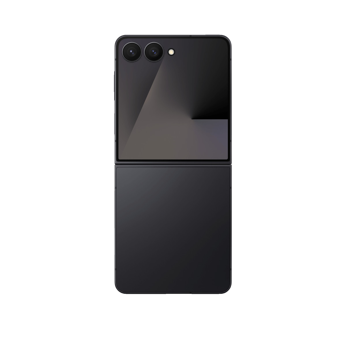 Un smartphone plegable negro cerrado con dos cámaras traseras y una pantalla exterior.