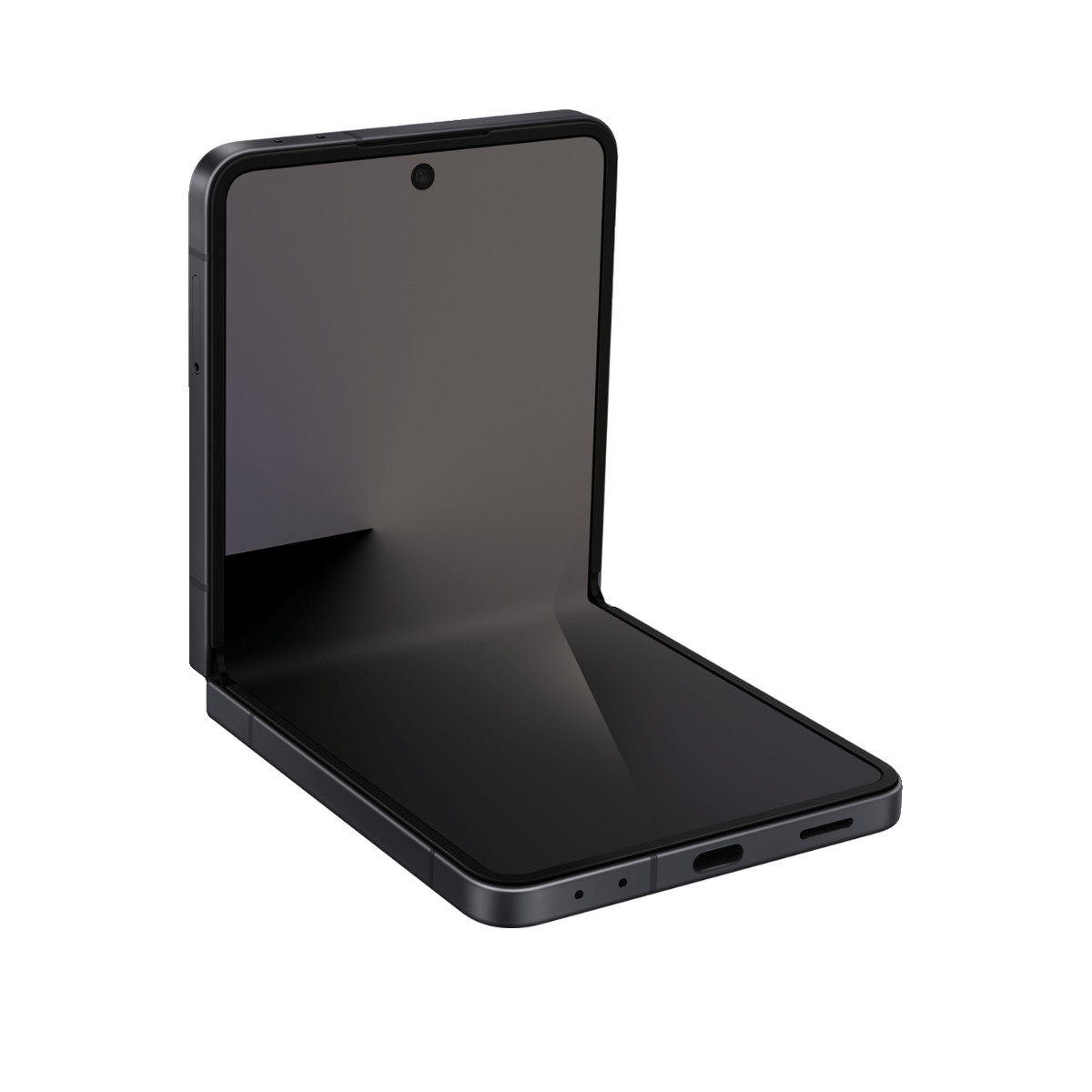 Un smartphone plegable negro está abierto a un ángulo de 90 grados sobre fondo blanco.