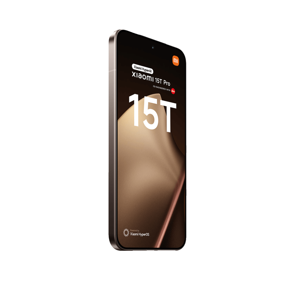 Uno smartphone dorato mostra il testo Xiaomi 15T Pro e 15T sullo schermo.