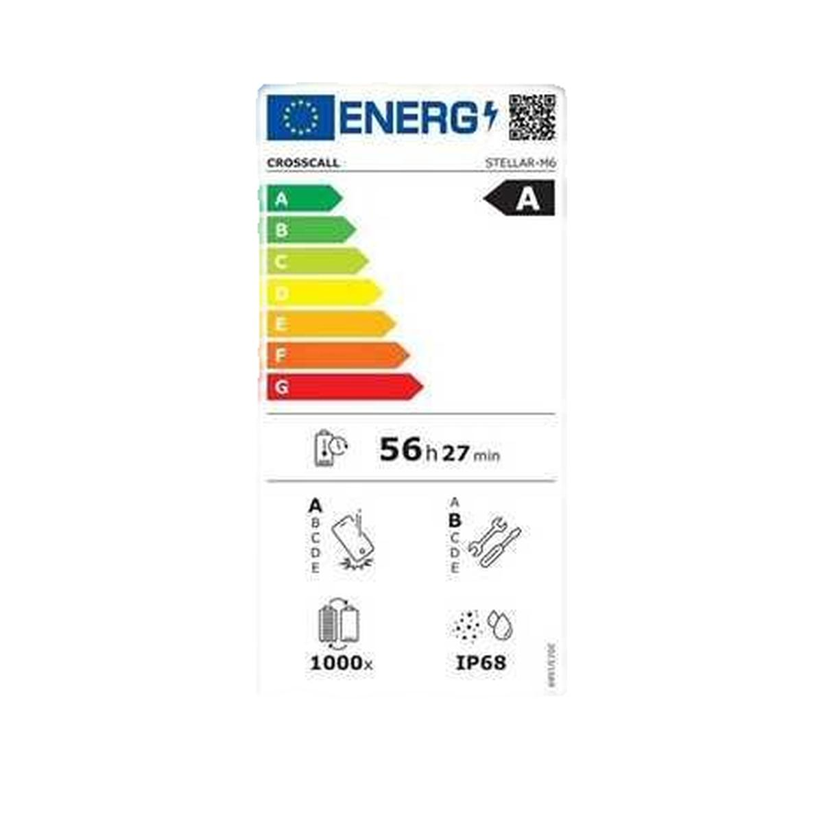 Etiqueta energética para Crosscall Stellar-M6 con clase de eficiencia energética A y clasificación IP68.