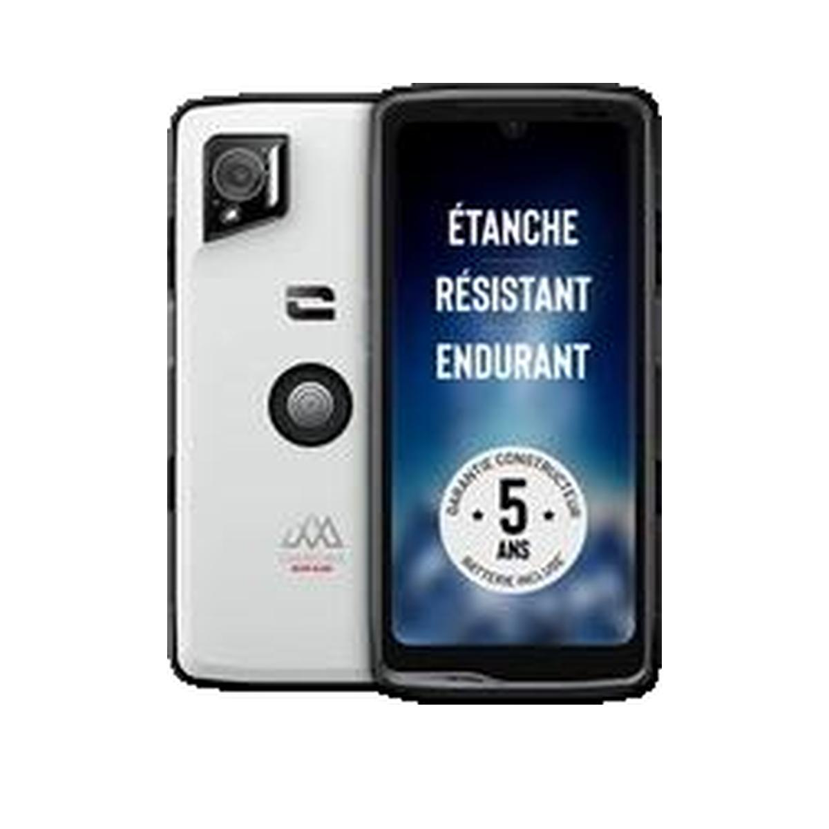 Vista frontal y trasera de un teléfono inteligente resistente blanco con texto en francés y una insignia de garantía de 5 años.