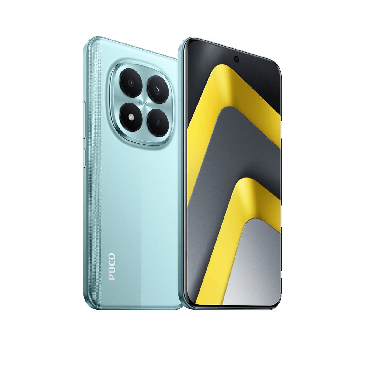 Smartphone POCO azul claro que muestra el módulo de cámara trasera y la pantalla con fondo amarillo.