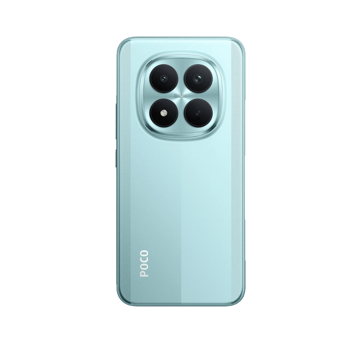 Parte trasera de un smartphone POCO azul claro con un módulo de cámara cuadrado con cuatro lentes y el logotipo.