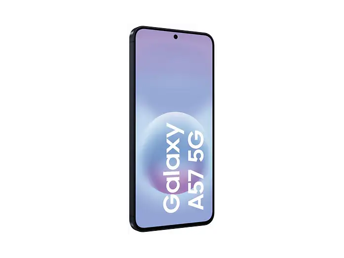 Uno smartphone nero con sfondo viola e la scritta Galaxy A57 5G sullo schermo su sfondo nero.