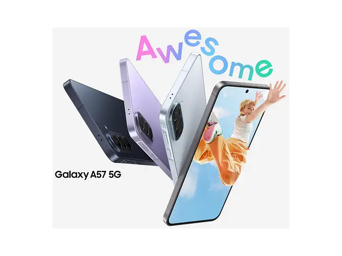 Smartphone Galaxy A57 5G in vari colori con la scritta Awesome e una persona che salta.