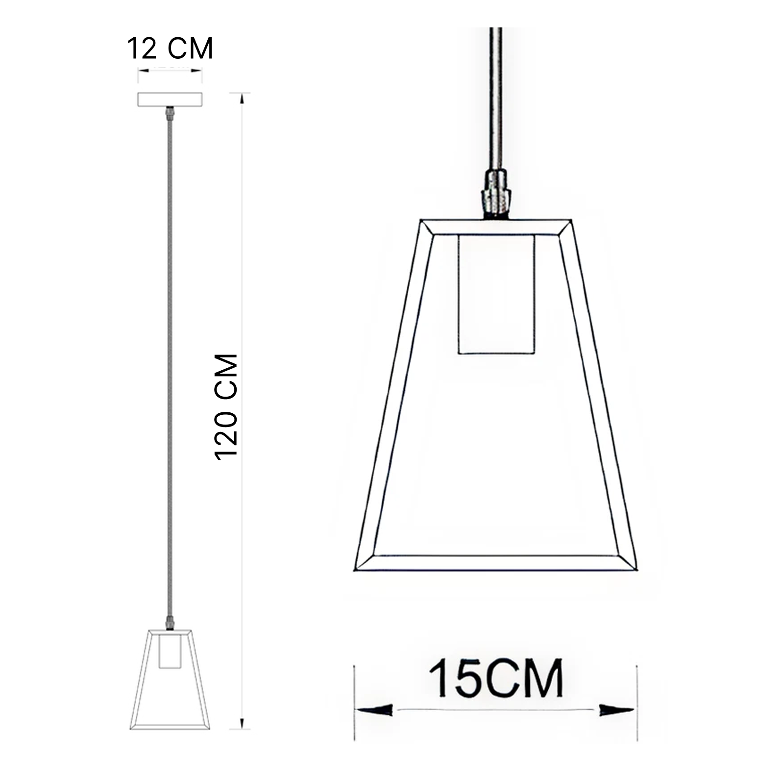 Technische Zeichnung einer Pendelleuchte mit Maßen von 12 cm Deckenkappe, 120 cm Höhe und 15 cm Schirmbreite.
