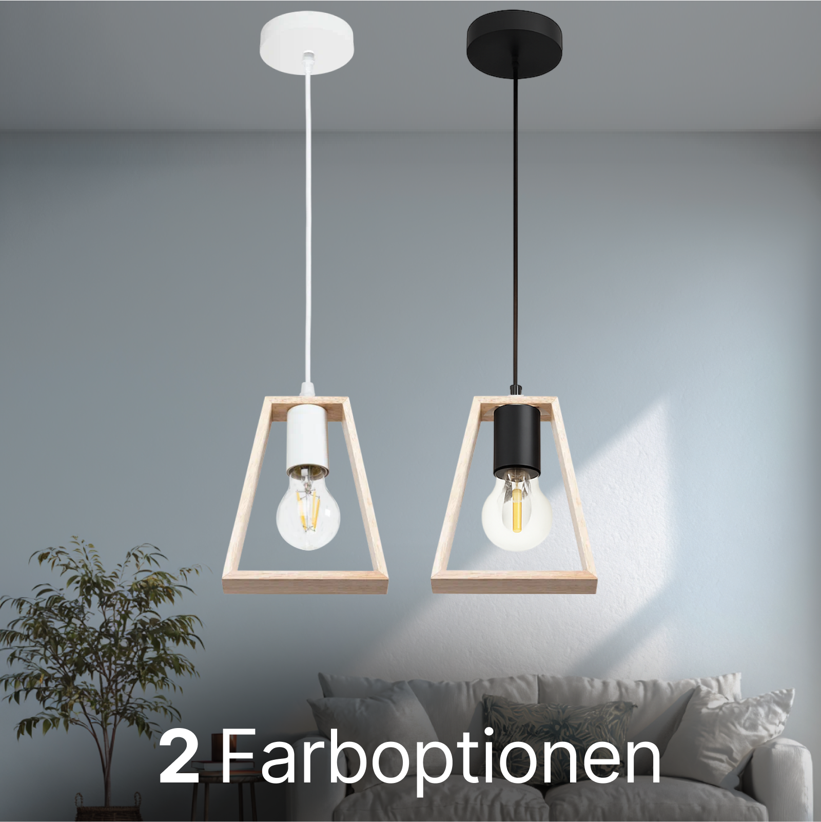 Zwei Holzhängeleuchten mit weißem und schwarzem Kabel hängen vor einer grauen Wand über einem Sofa.