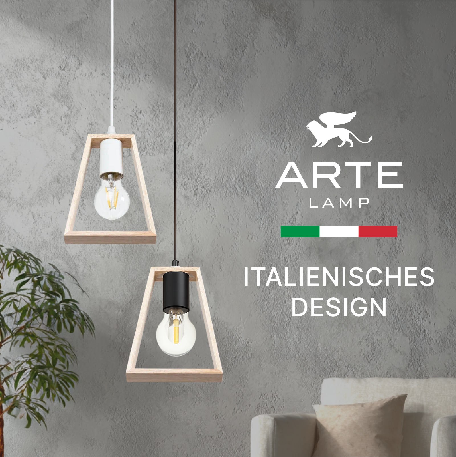 Zwei moderne Holzrahmen-Hängeleuchten vor einer grauen Wand mit Markenlogo und Text.