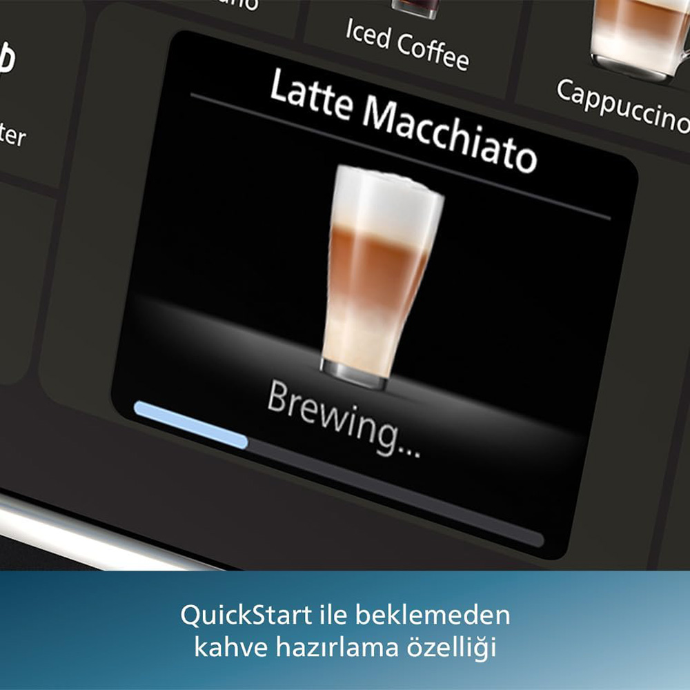Kávéfőző képernyője Latte Macchiato készítést mutat folyamatjelzővel.