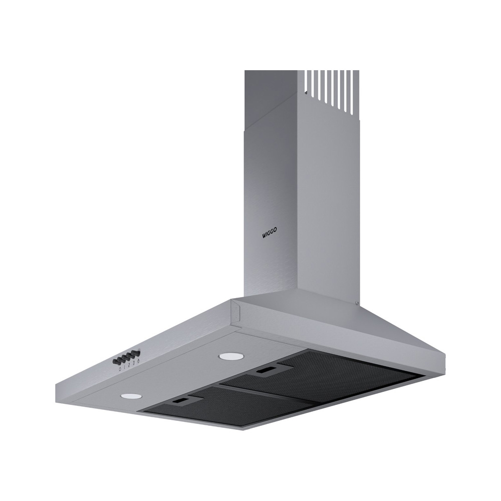 A silver stainless steel cooker hood with black buttons and filters against a white background.