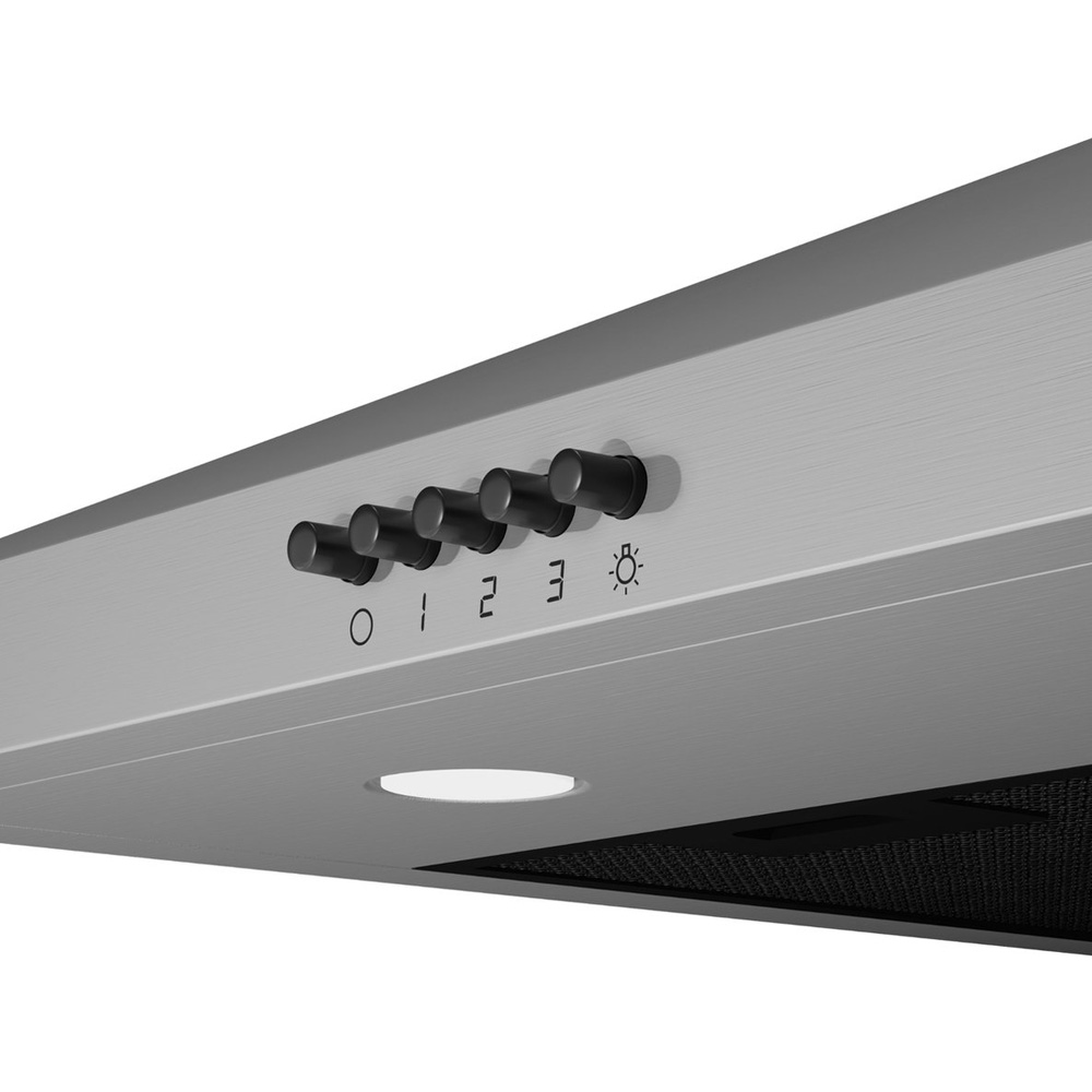 Stainless steel range hood with five black control knobs, numbered settings, and a bright light.