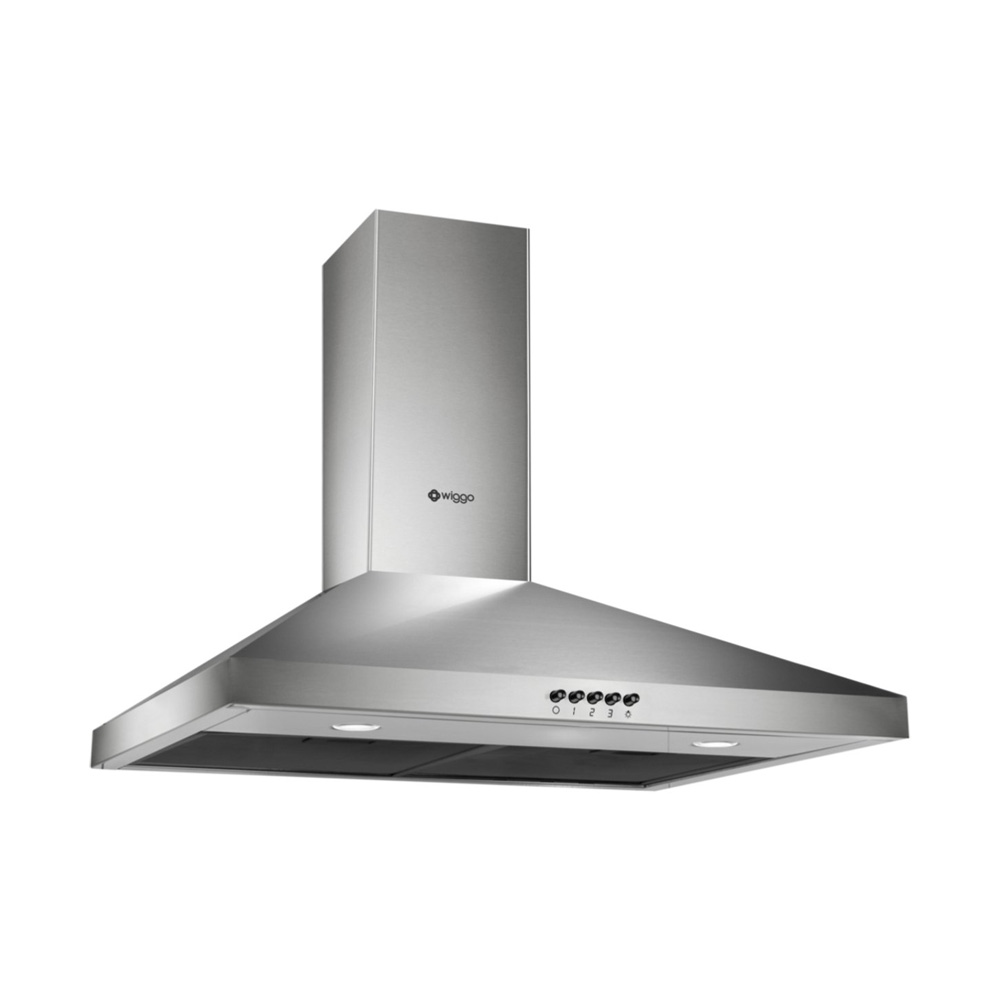 Stainless steel range hood with buttons and lights.