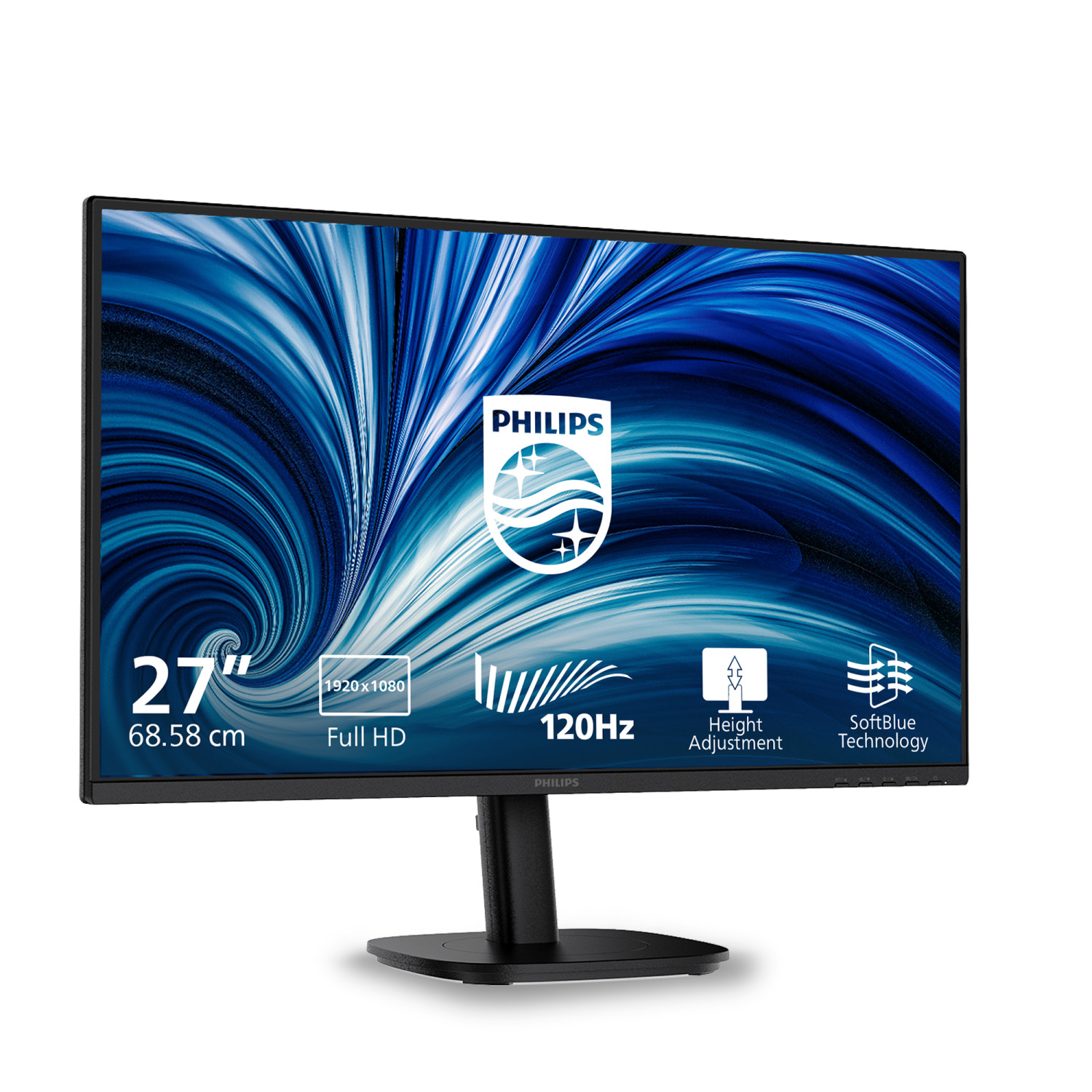 Philips 27-Zoll-Monitor mit Full-HD, 120Hz und blauer Wirbel-Grafik.