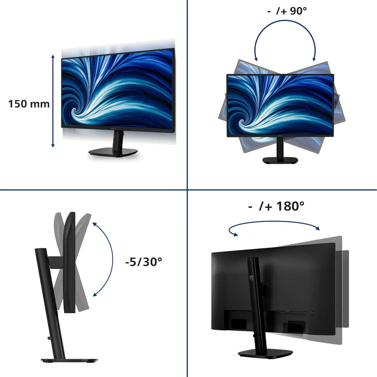 Grafik zeigt Monitoreinstellungen: 150 mm Höhe, -/+ 90° Drehung, -5/30° Neigung und -/+ 180° Schwenkung.