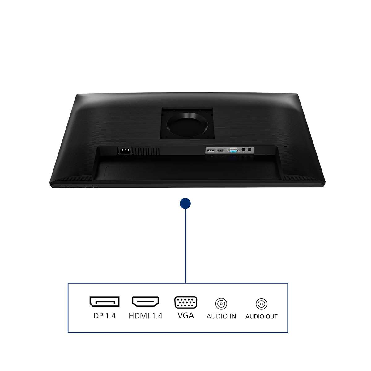 Rückseite eines Monitors mit Anschlüssen wie DP 1.4, HDMI 1.4, VGA sowie Audio-In und -Out.