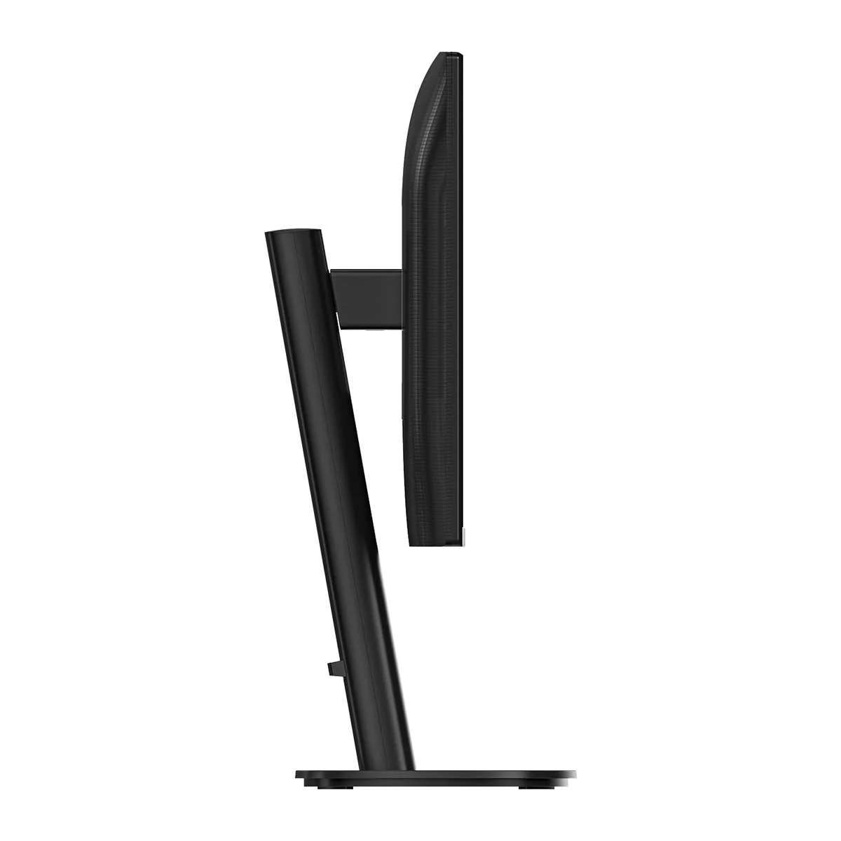 Seitenansicht eines schlanken schwarzen Computermonitors auf einem Standfuß.