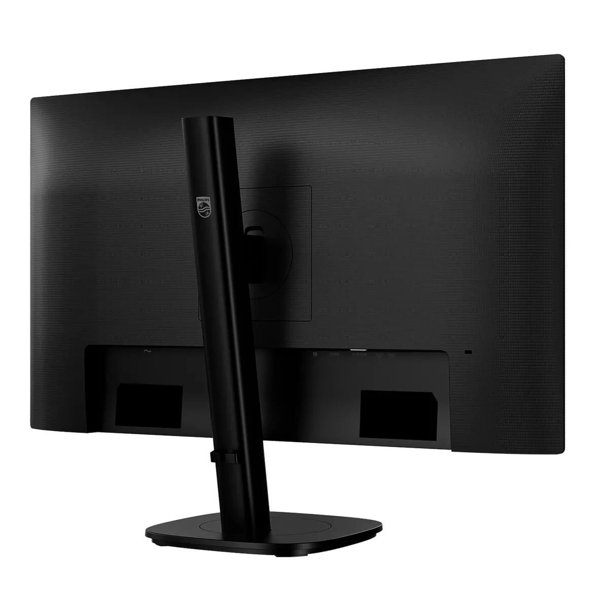 Rückansicht eines schwarzen Philips Computermonitors auf einem Standfuß vor weißem Hintergrund.