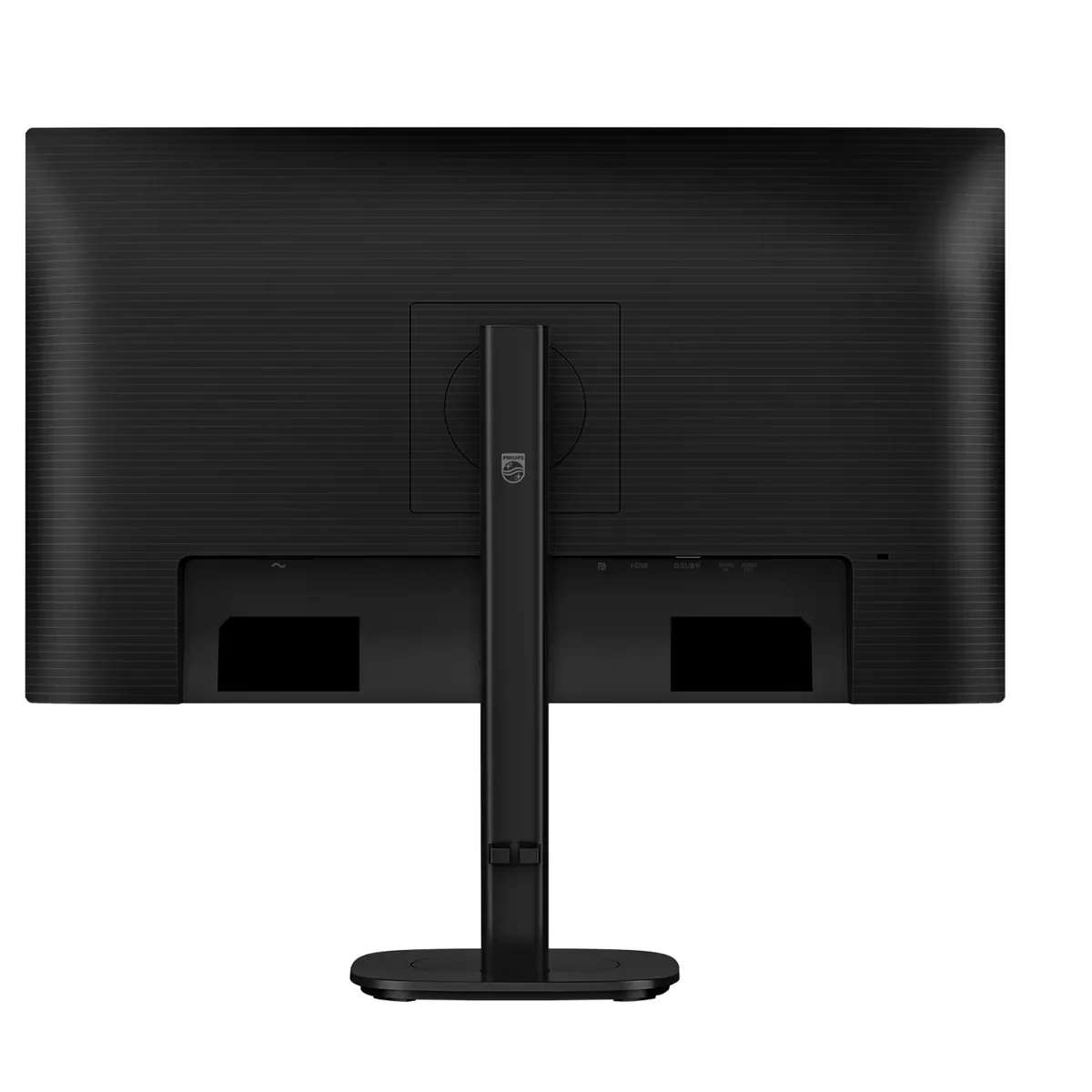 Rückseite eines schwarzen Philips Monitors mit Standfuß auf weißem Hintergrund.