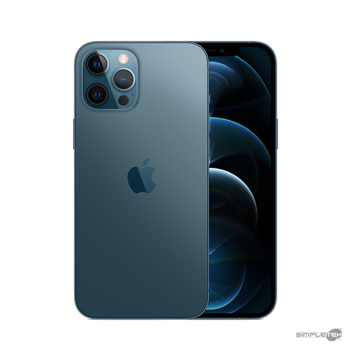 Vue arrière et avant d'un iPhone bleu avec un triple appareil photo et le logo Apple.