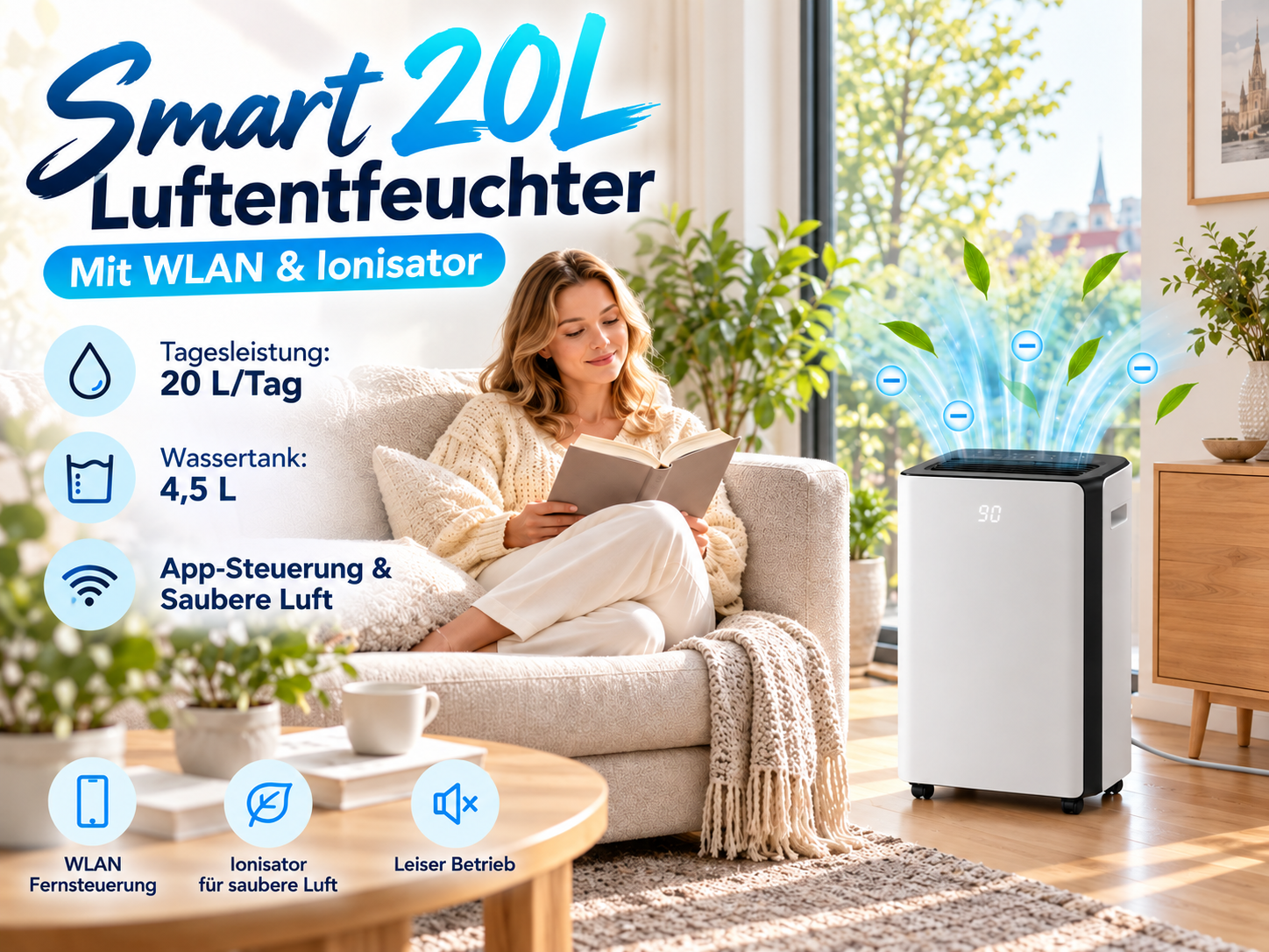 Eine Frau liest auf dem Sofa, während ein Dehumidifikator saubere Luft ausbläst.