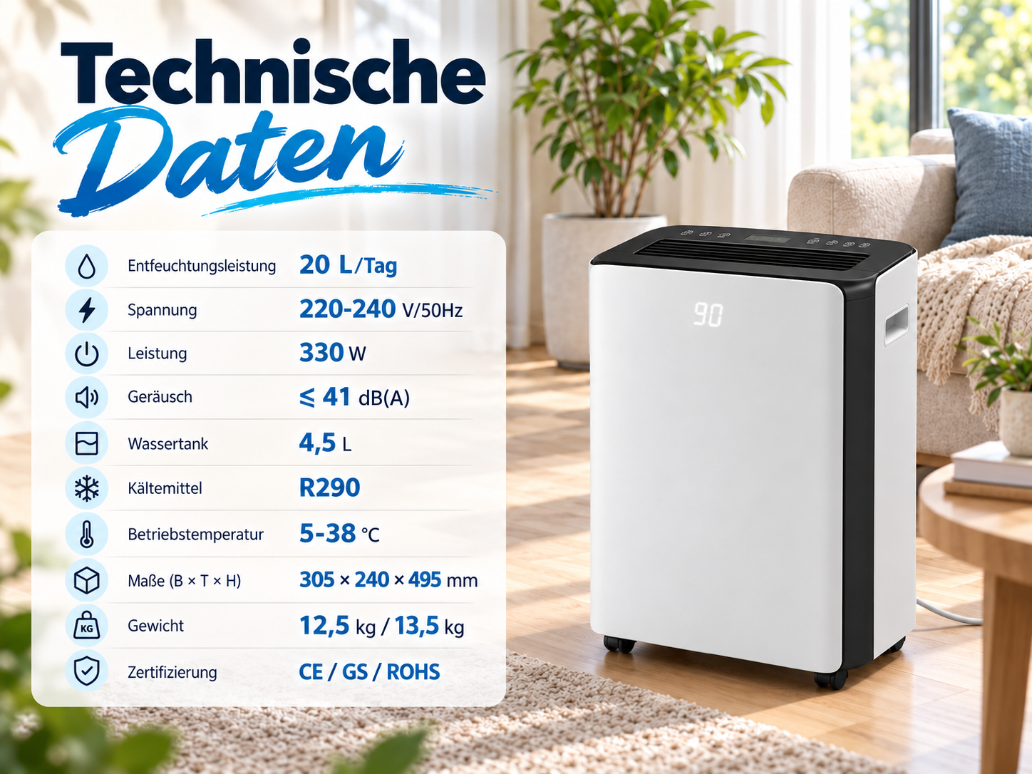 Weißer Luftentfeuchter in einem Wohnzimmer mit einer Infografik zu technischen Daten links.