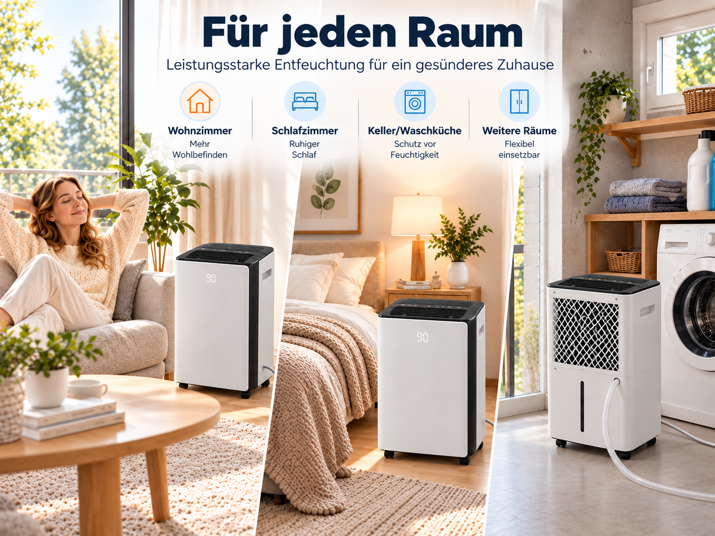 Ein weiß-schwarzer Luftentfeuchter in verschiedenen Wohnräumen mit Text und Icons für den Einsatz.
