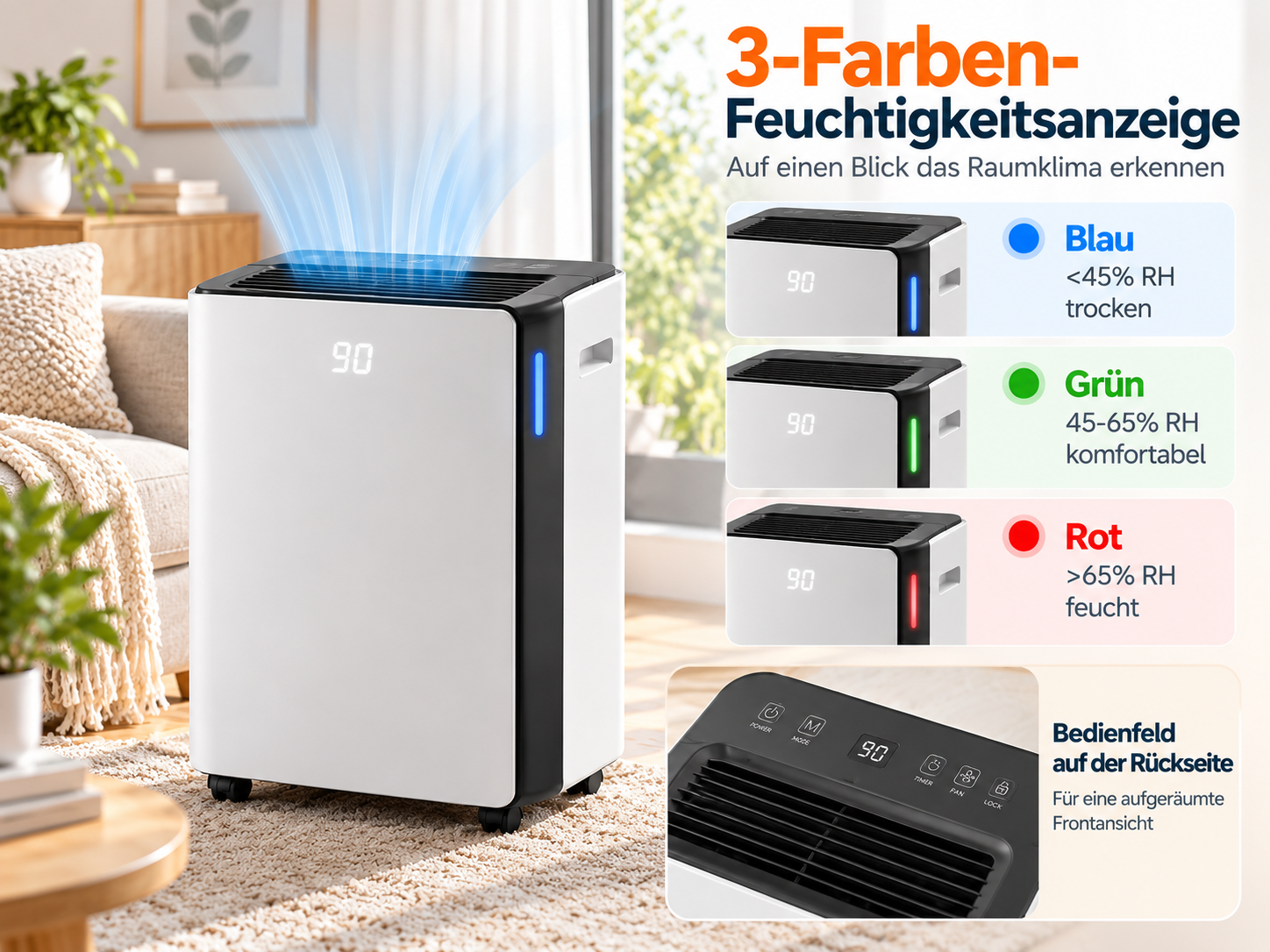 Weiß-schwarzer Luftentfeuchter mit 3-Farben-Feuchtigkeitsanzeige, digitalem Display und blauen Luftstrom-Linien.
