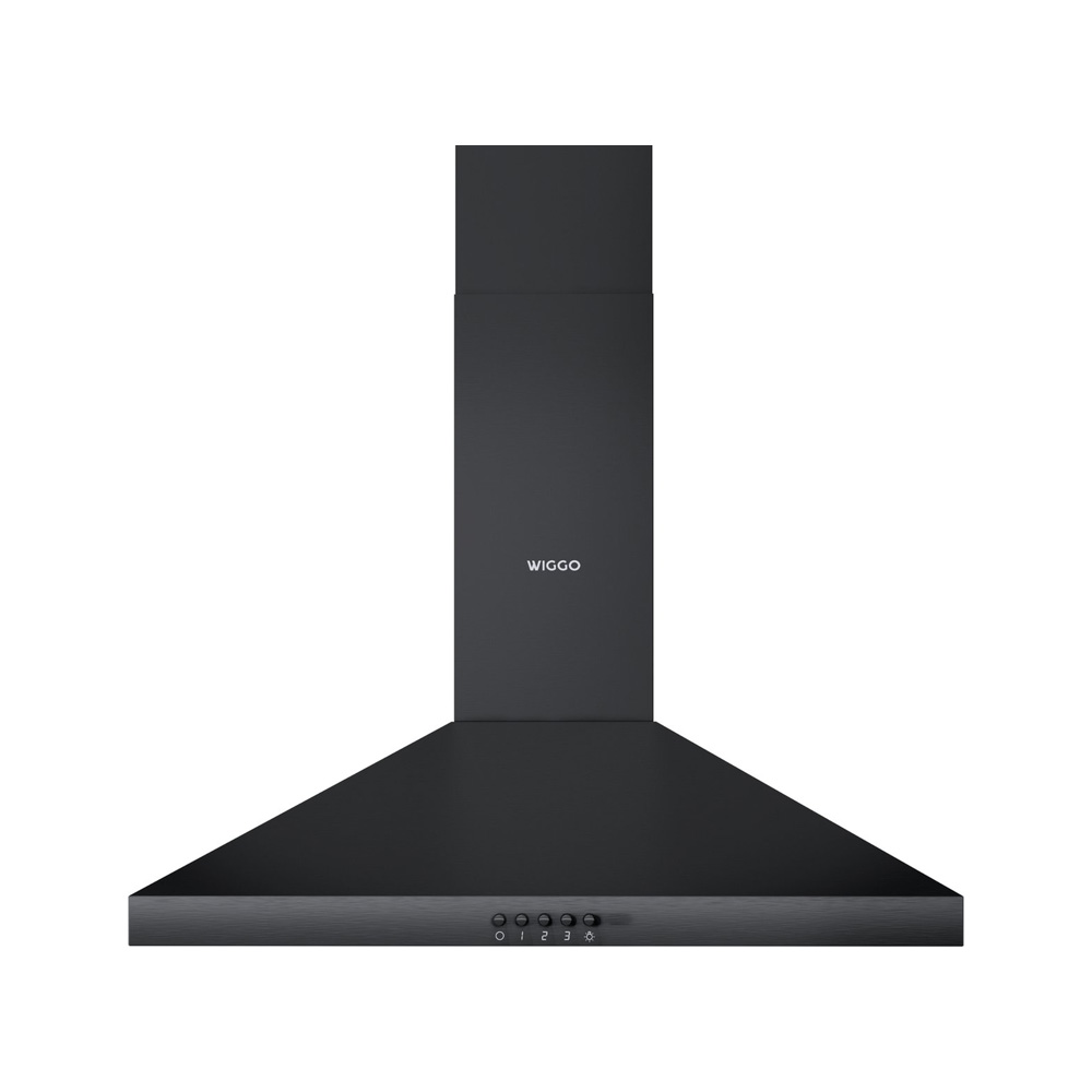 A matte black wall-mounted cooker hood with buttons and Wiggo logo against a white background.