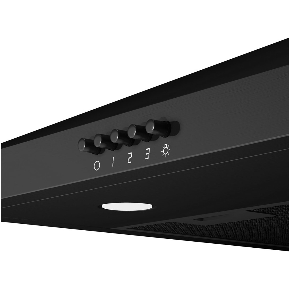 Black cooker hood with five round buttons and illuminated icons for speed settings and light.