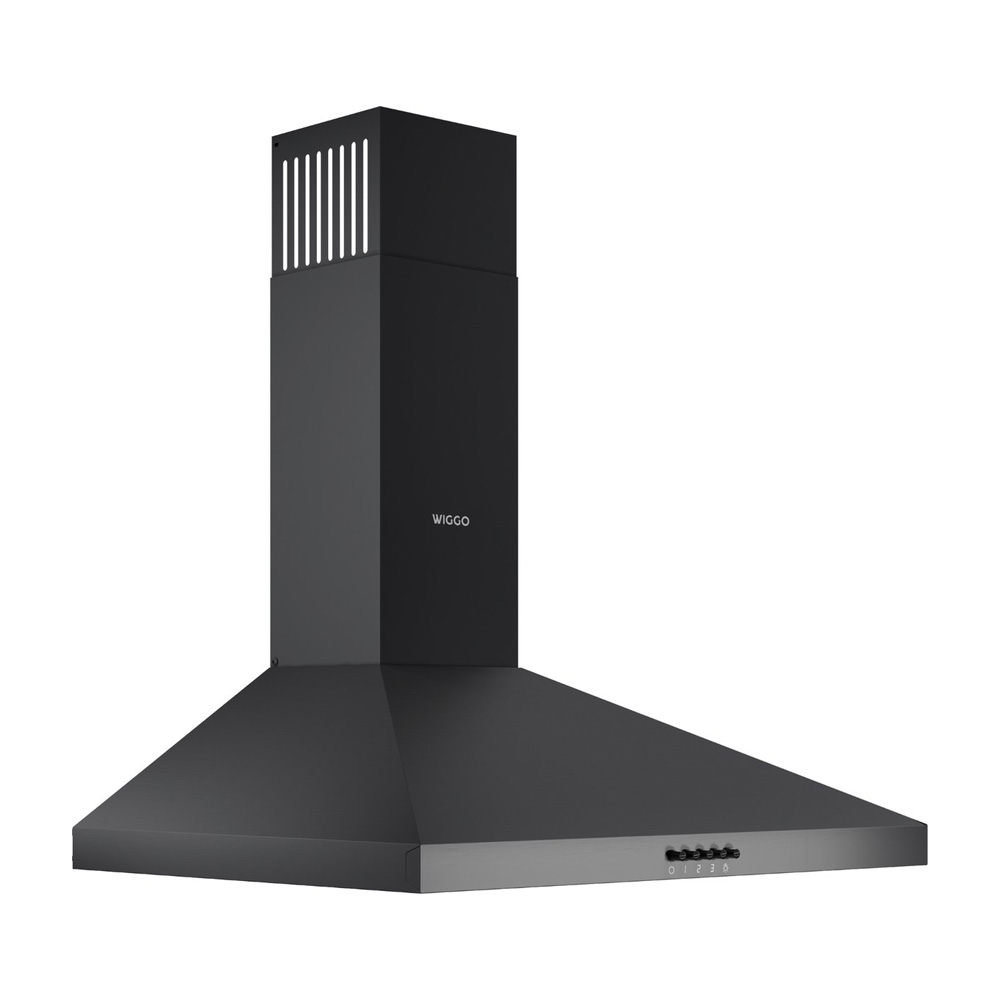 Modern black kitchen extractor hood with a rectangular chimney and buttons.
