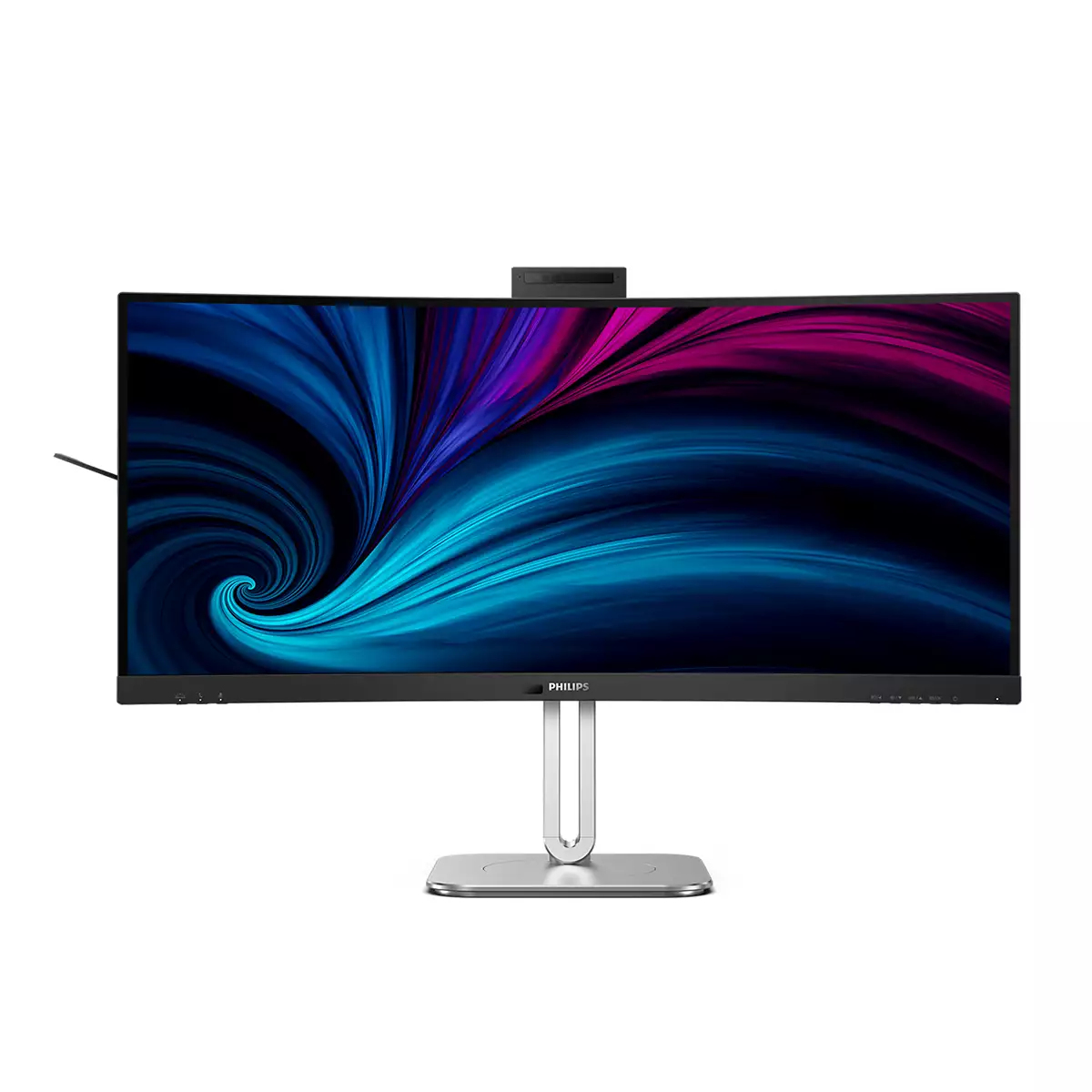 Zakrzywiony monitor Philips z kolorową grafiką spiralną na srebrnej podstawie.