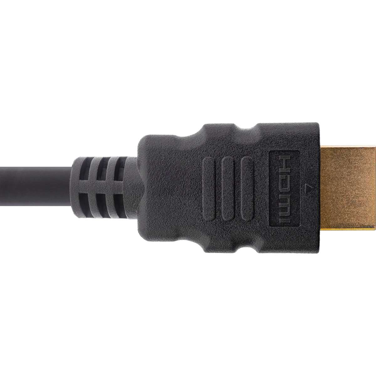 A black HDMI cable with a gold connector against a white background.