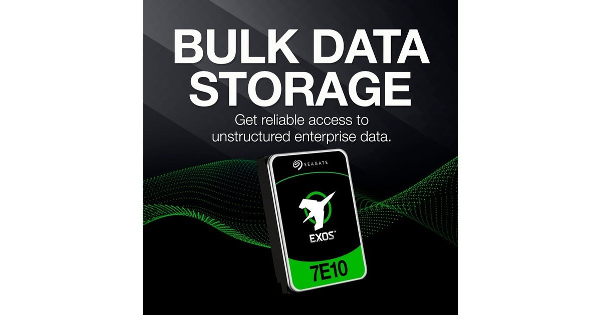 Seagate Exos 7E10 hard drive against a black background with green lines and the text Bulk Data Storage.