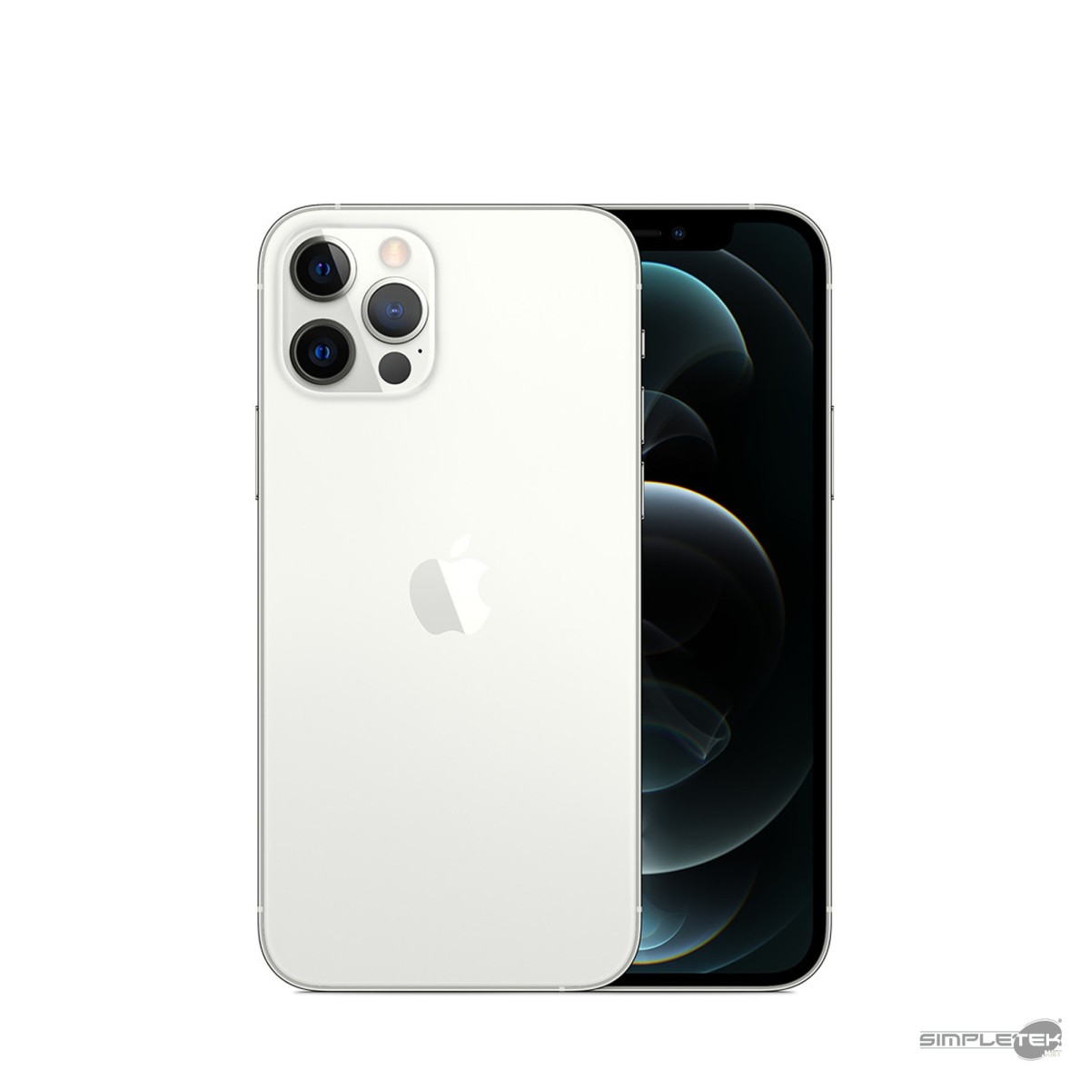 Smartphone bianco con tre fotocamere posteriori e logo Apple lucido su sfondo bianco.