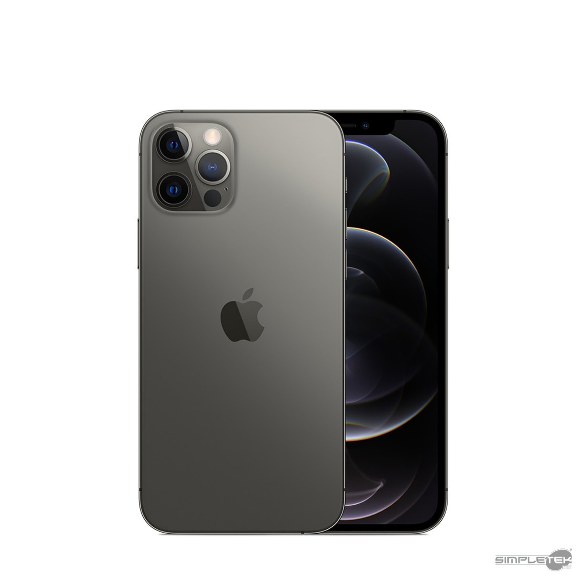 Donkergrijze smartphone met drie camera's achterop en een ingeschakeld scherm.