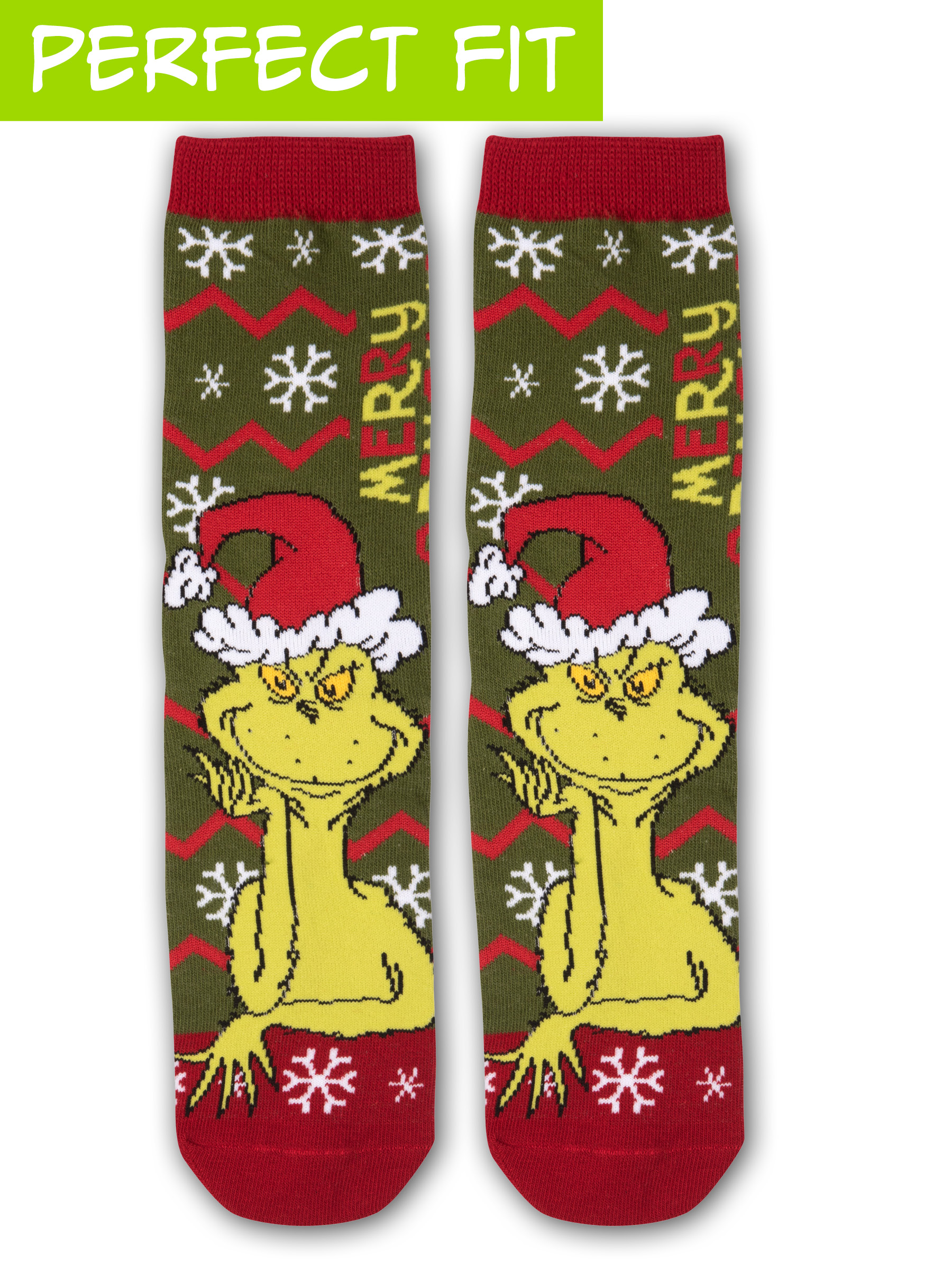 Grüne Weihnachtssocken mit dem Grinch in einer roten Weihnachtsmütze, weißen Schneeflocken und roten Bündchen.