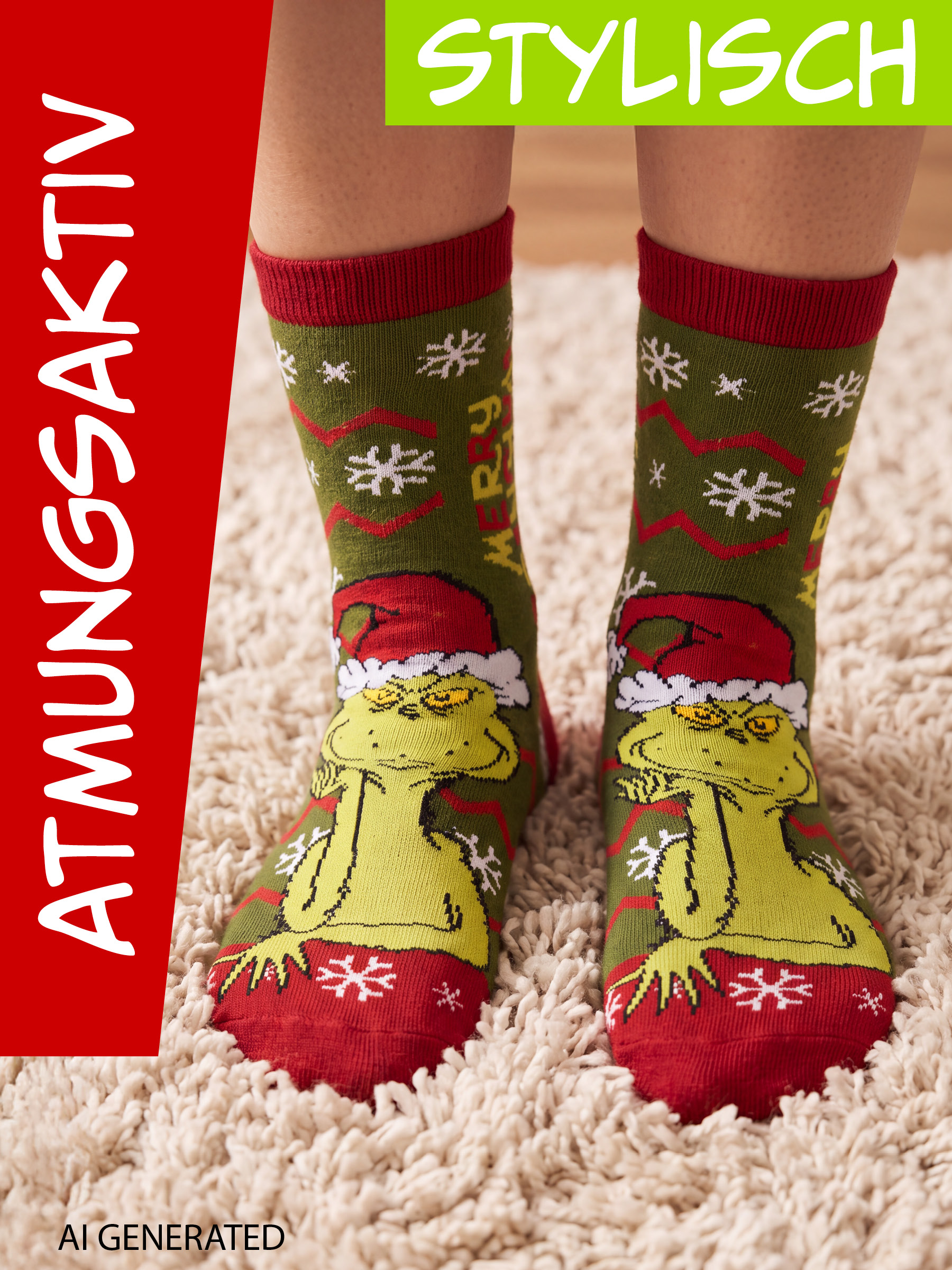 Grüne Weihnachtssocken mit Grinch-Motiv auf einem weißen Teppich.