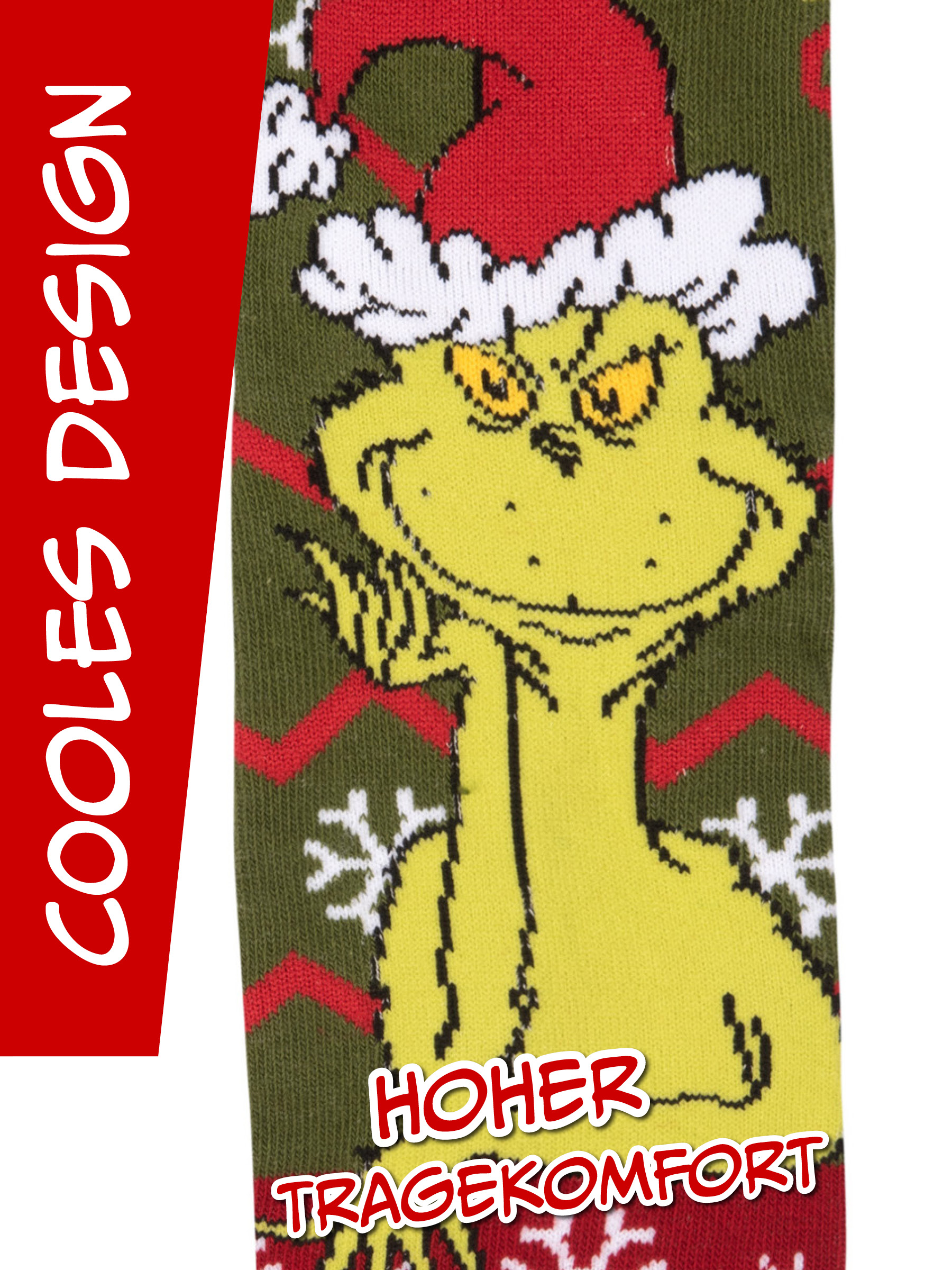 Grüne Weihnachtssocke mit dem Grinch in einer Weihnachtsmütze und Schneeflockenmuster.