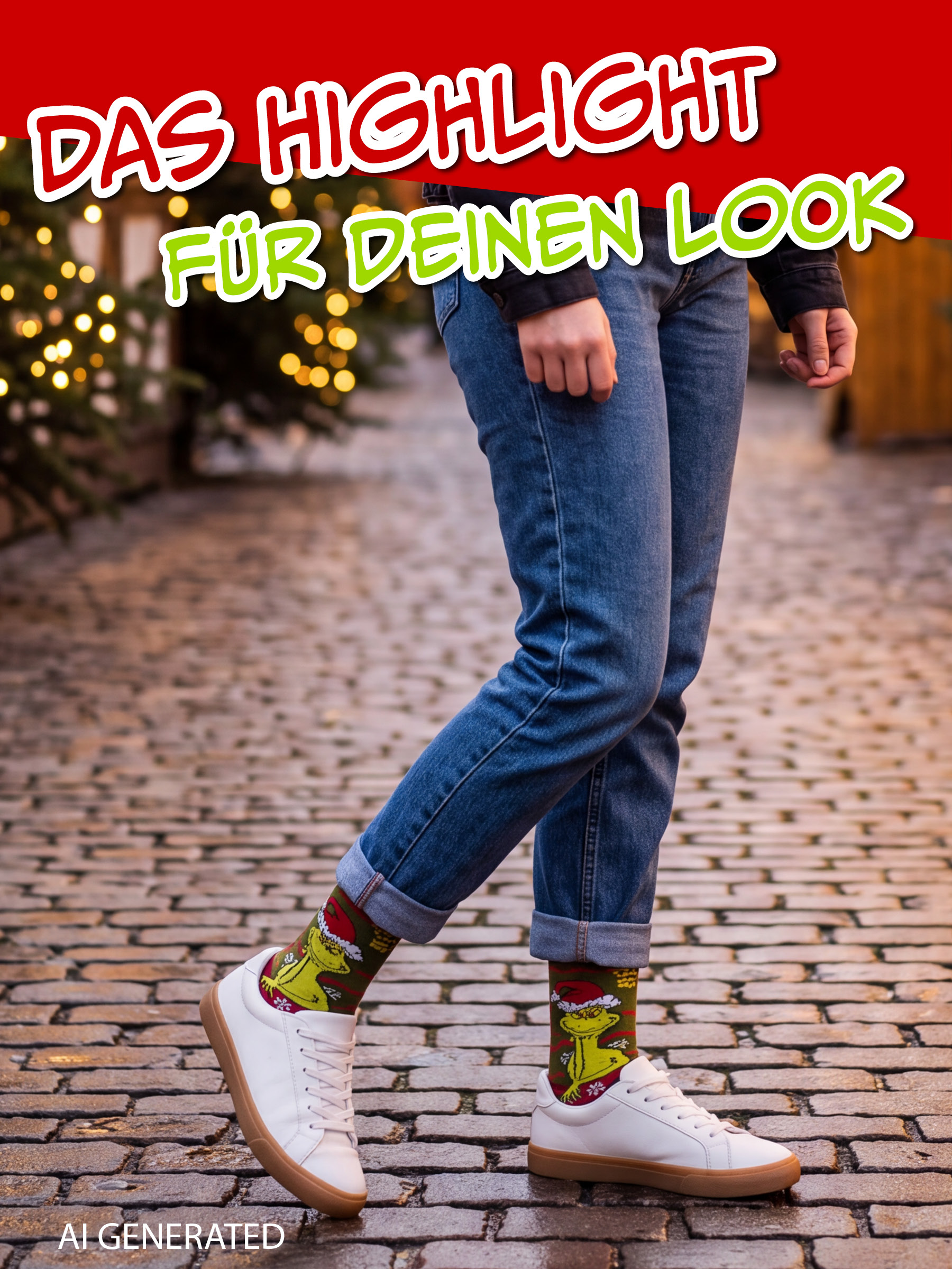Person in Jeans und weißen Sneakers steht auf Kopfsteinpflaster mit Grinch-Weihnachtssocken.