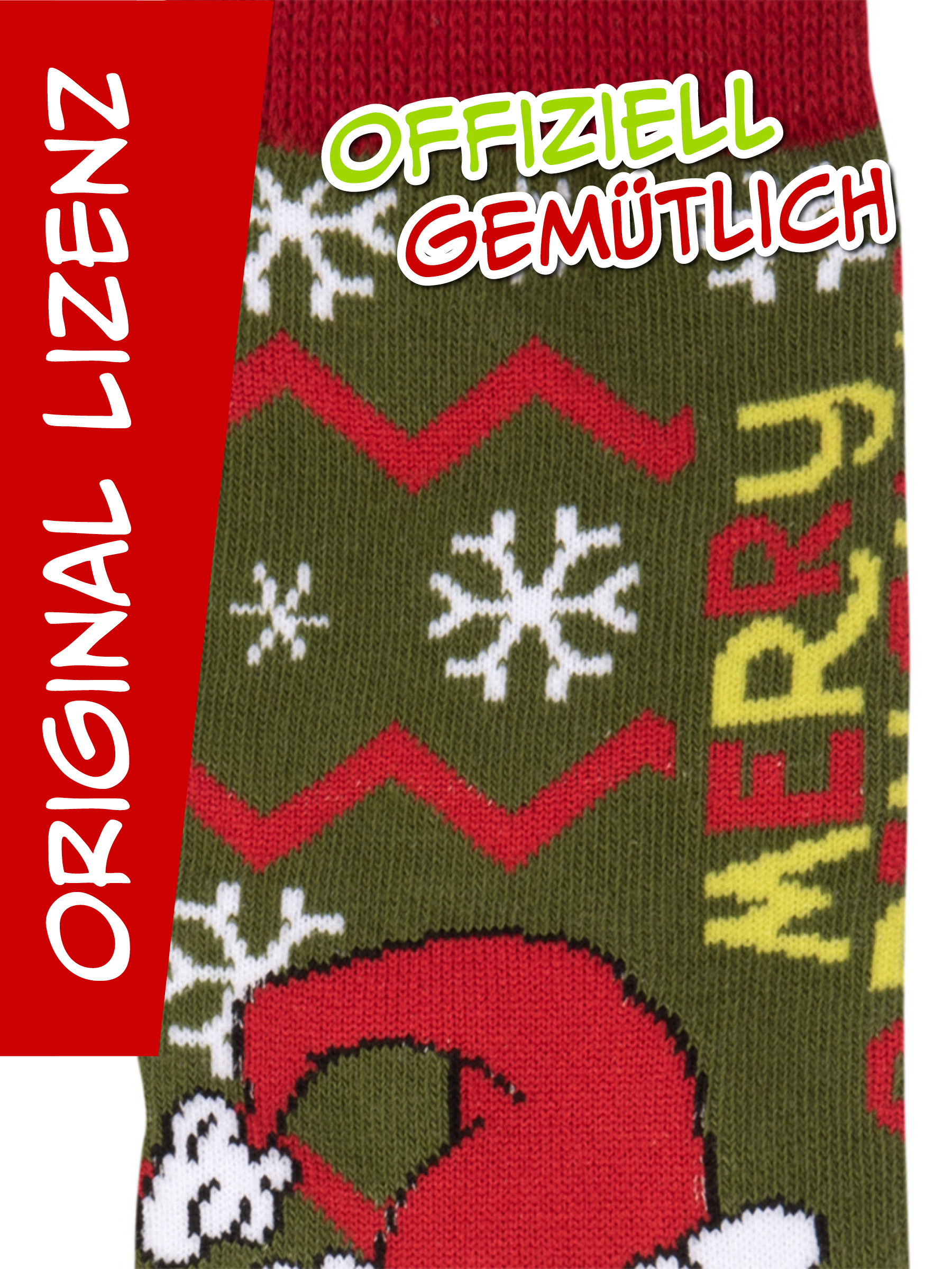 Grüne und rote Weihnachtssocke mit Schneeflocken und Mustern.