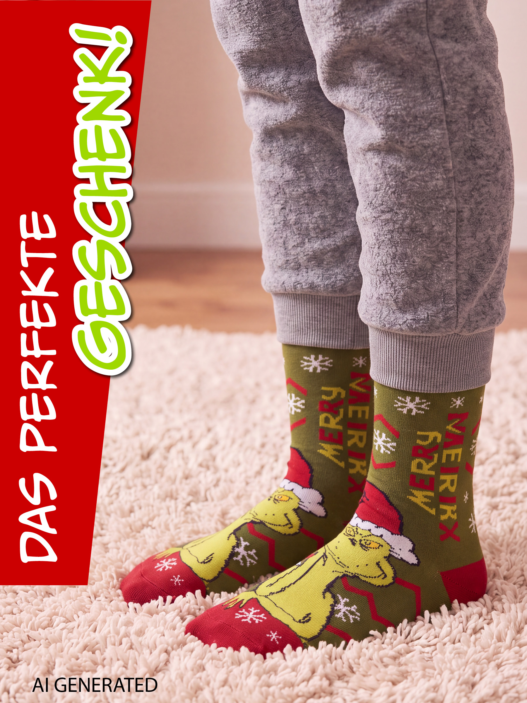 Person in grauen Jogginghosen und grünen Weihnachtssocken mit Grinch-Motiven auf einem flauschigen Teppich.