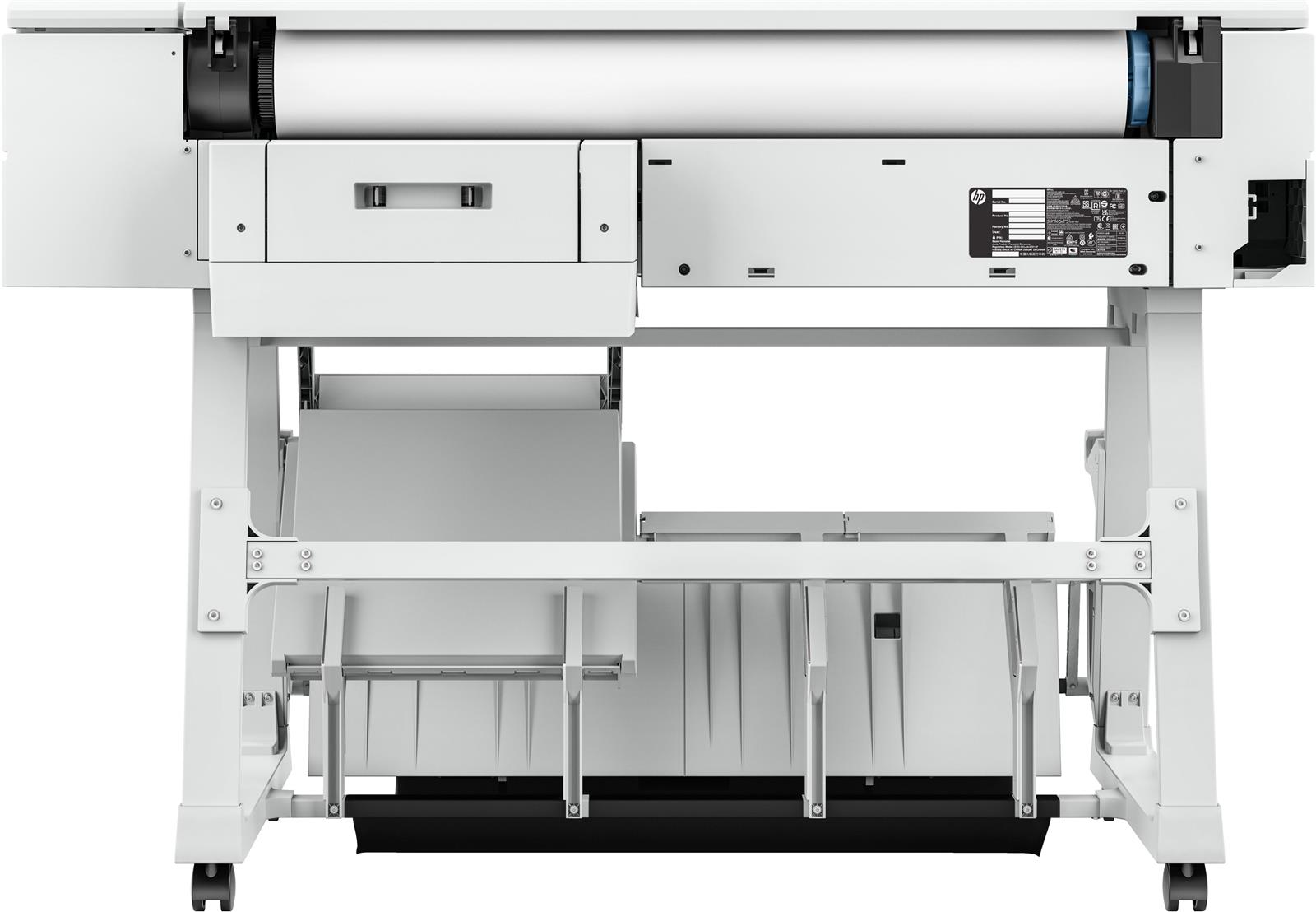 A white HP plotter on a sturdy stand with a paper roll on top.