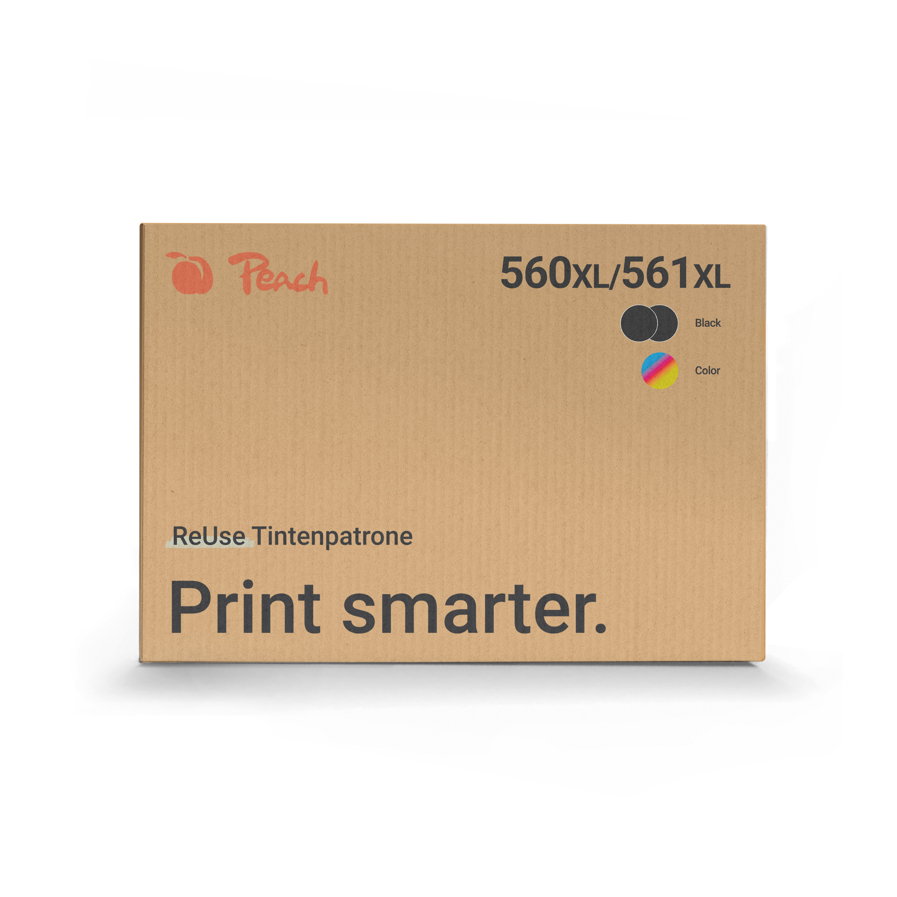 Brauner Karton für Peach 560XL/561XL Druckerpatronen mit Aufschrift Print smarter.