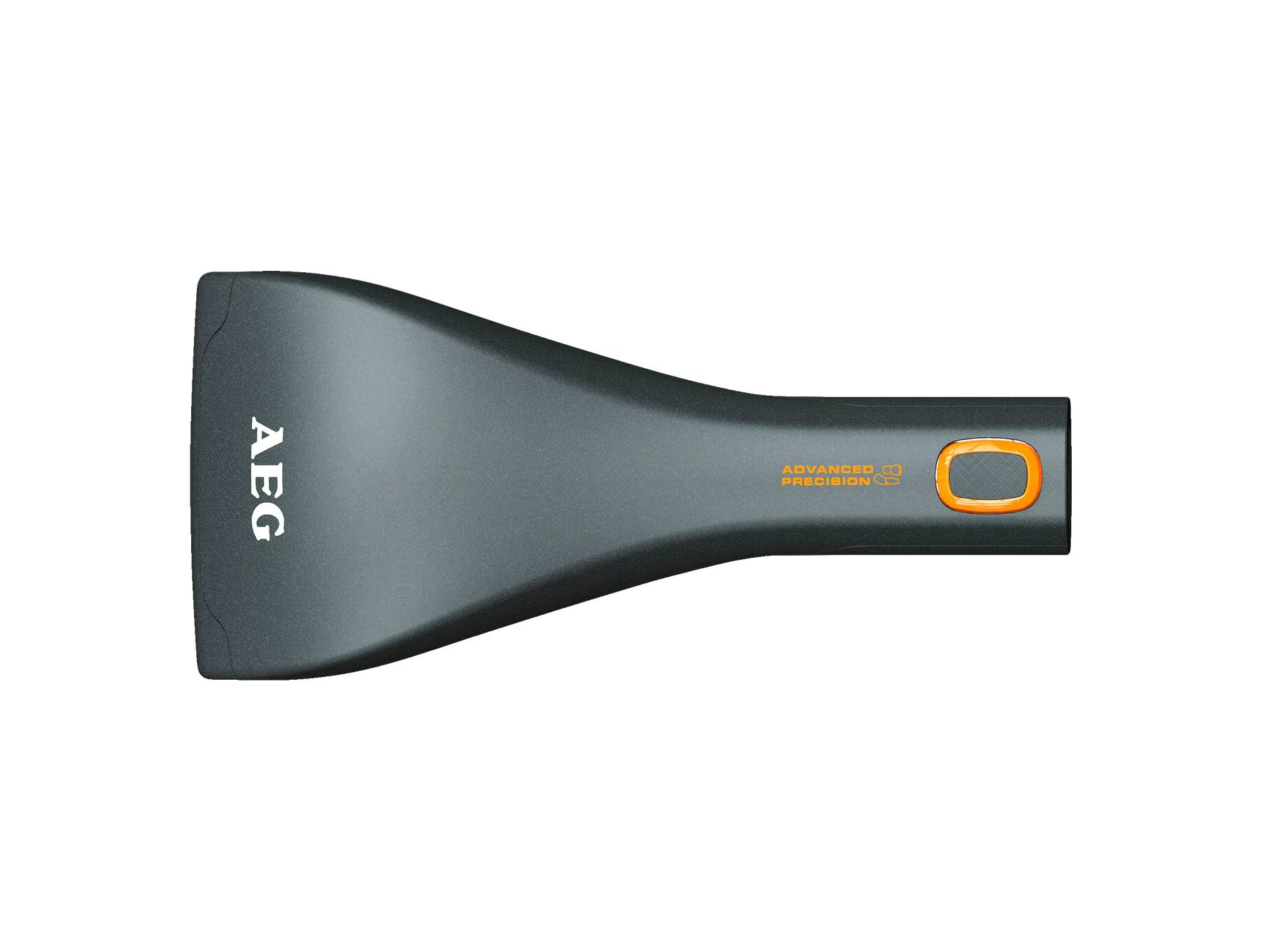 Un rascador de hielo AEG gris con un botón naranja y el texto "Advanced Precision".