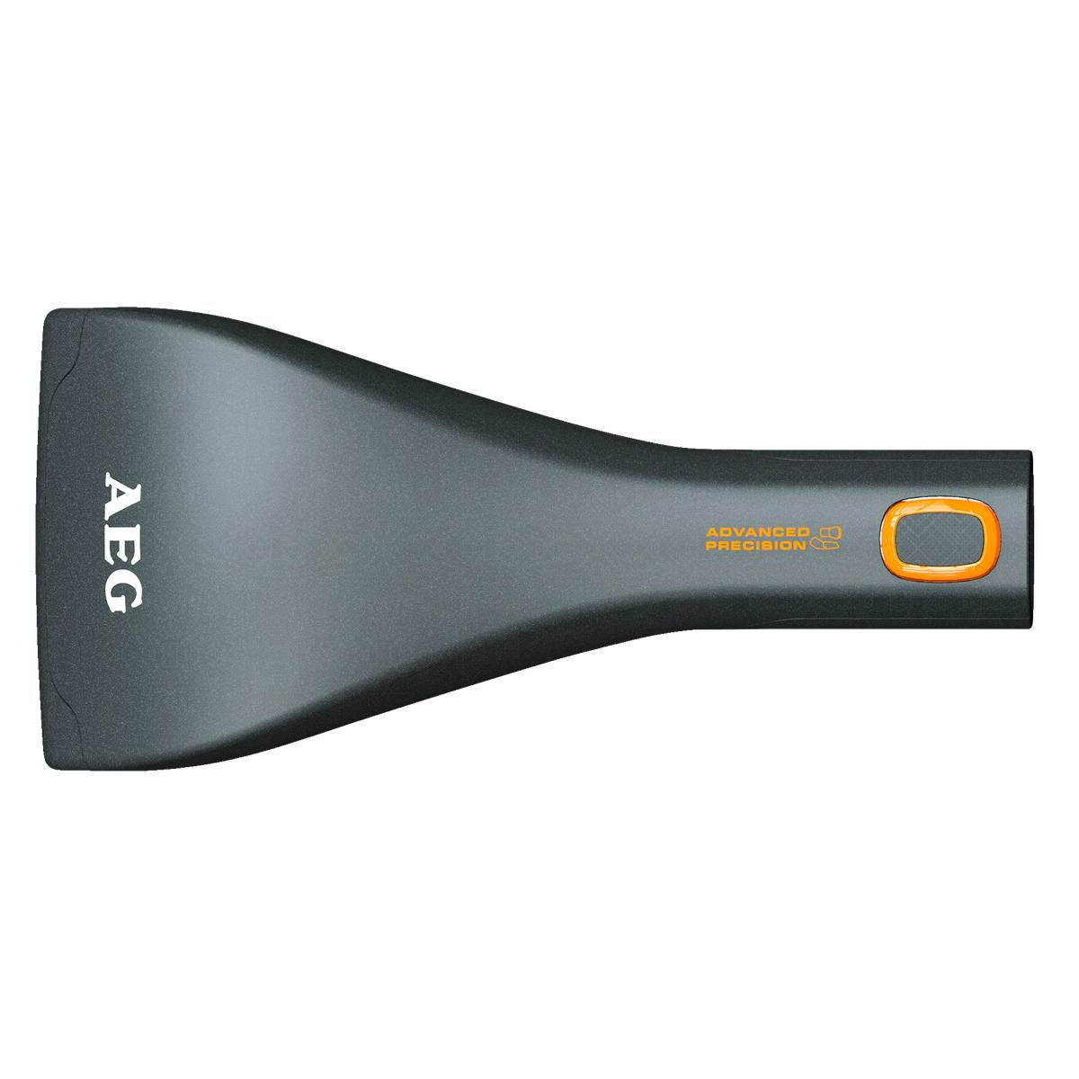 Un limpiacristales AEG negro con botón naranja y texto Advanced Precision sobre fondo blanco.