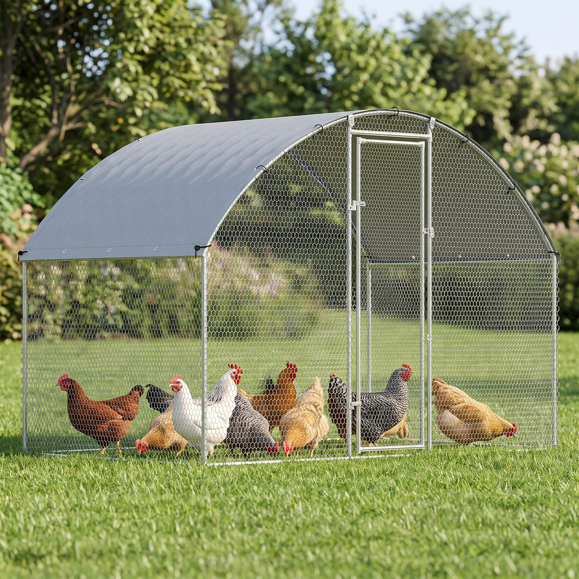 Un gallinero grande con malla metálica plateada y techo gris está en un césped verde, con varias gallinas dentro.