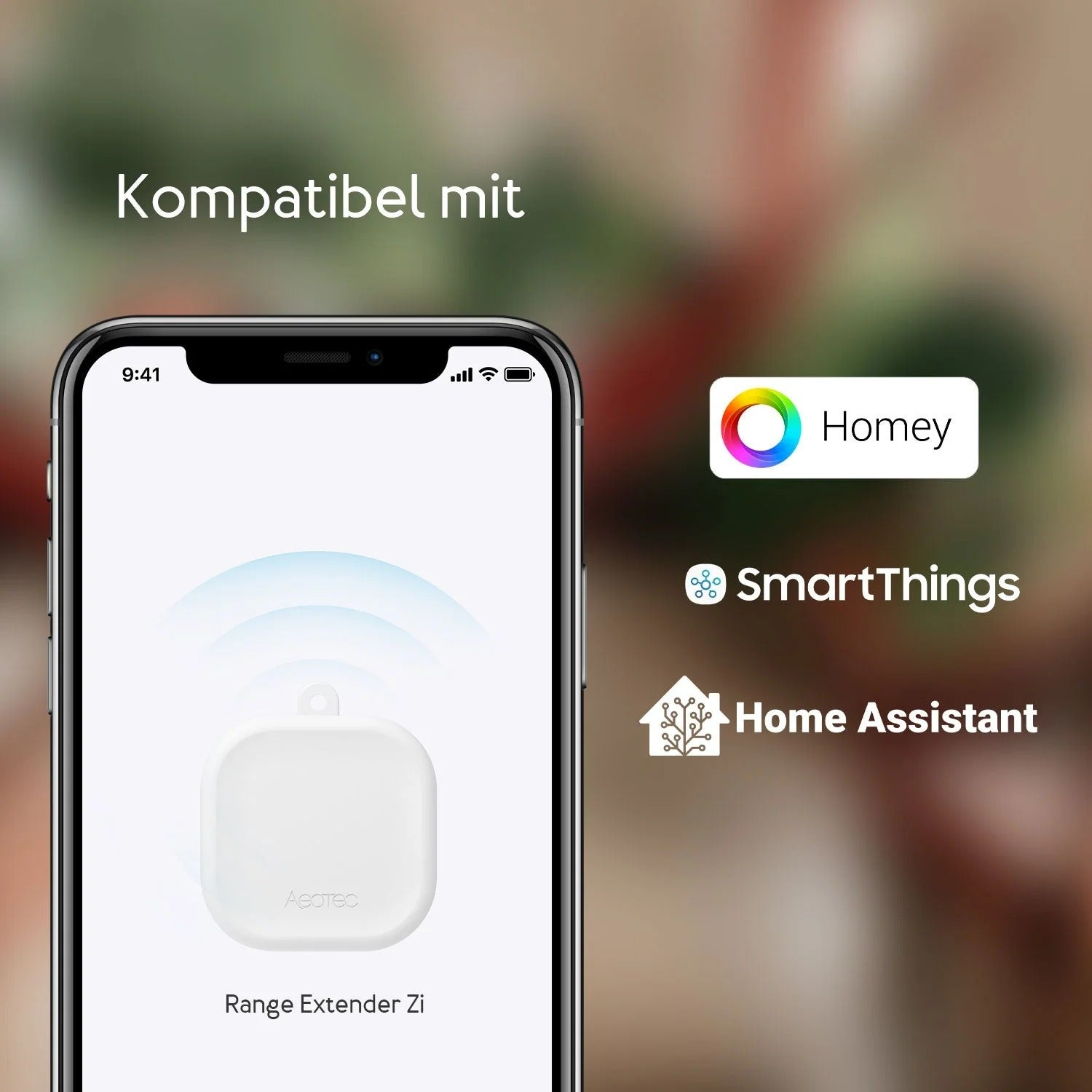 Ein Smartphone zeigt die App für den Aeotec Range Extender Zi mit Homey, SmartThings und Home Assistant Logos.