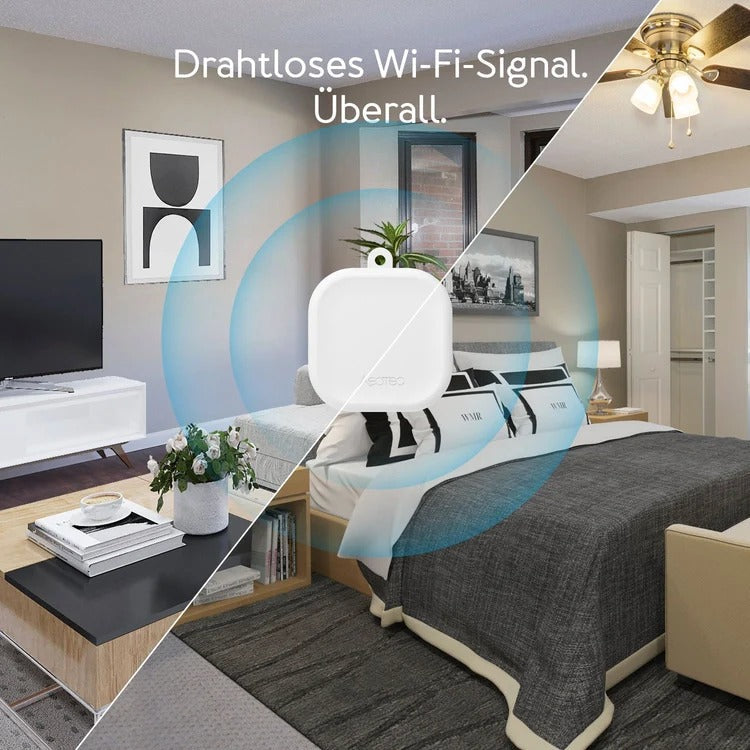 WLAN-Signal-Verstärker in einem Wohn- und Schlafzimmer mit blauen Wellen.