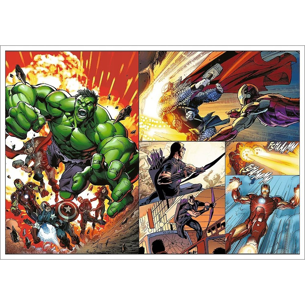 Képregényoldal, amelyen Marvel szuperhősök, mint Hulk, Thor, Iron Man és Hawkeye szerepelnek.